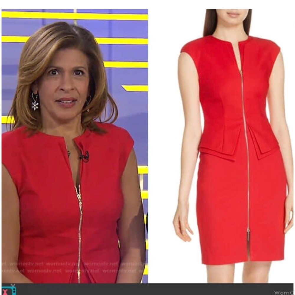 Ted Baker Peplum Sheath Dress Womens Size 2 Red Full Zip Cap Sleeve Knee Length